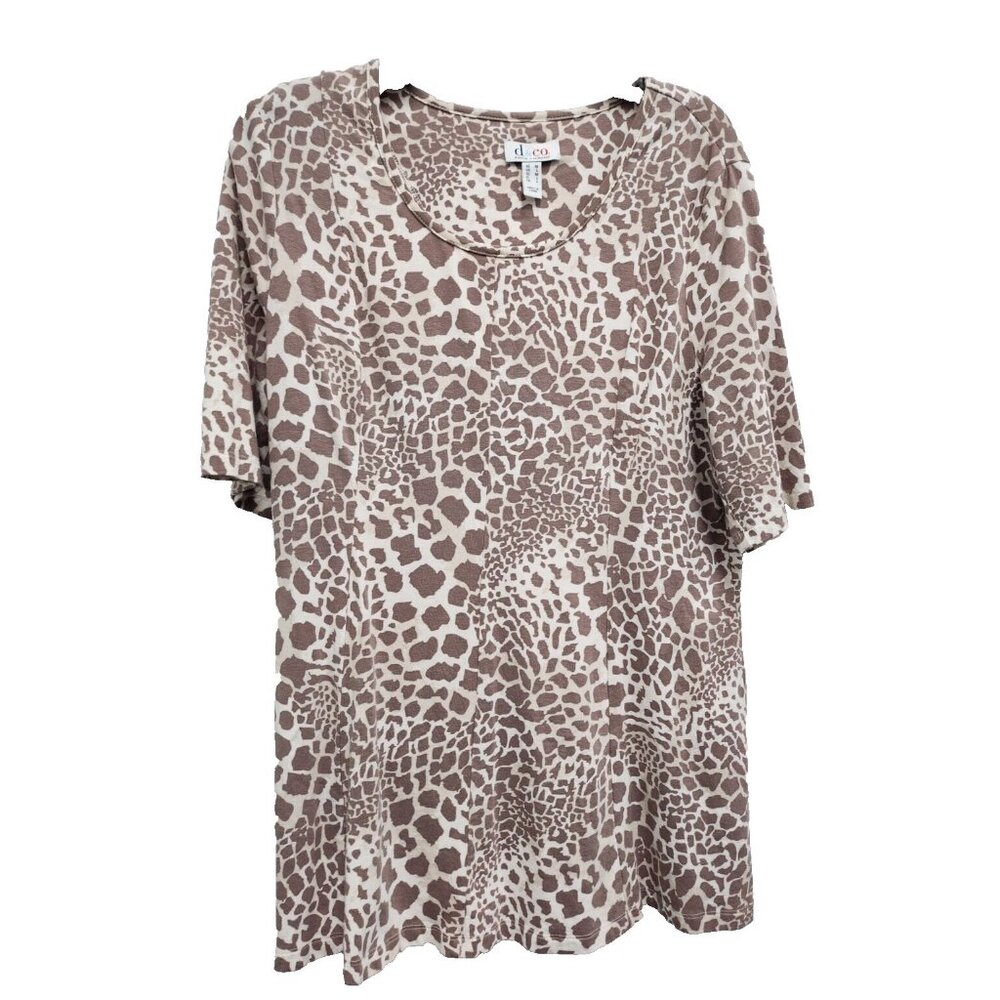 Denim & Co Womens Tunic Top‎ Medium Brown Animal Print Short Sleeve Casual